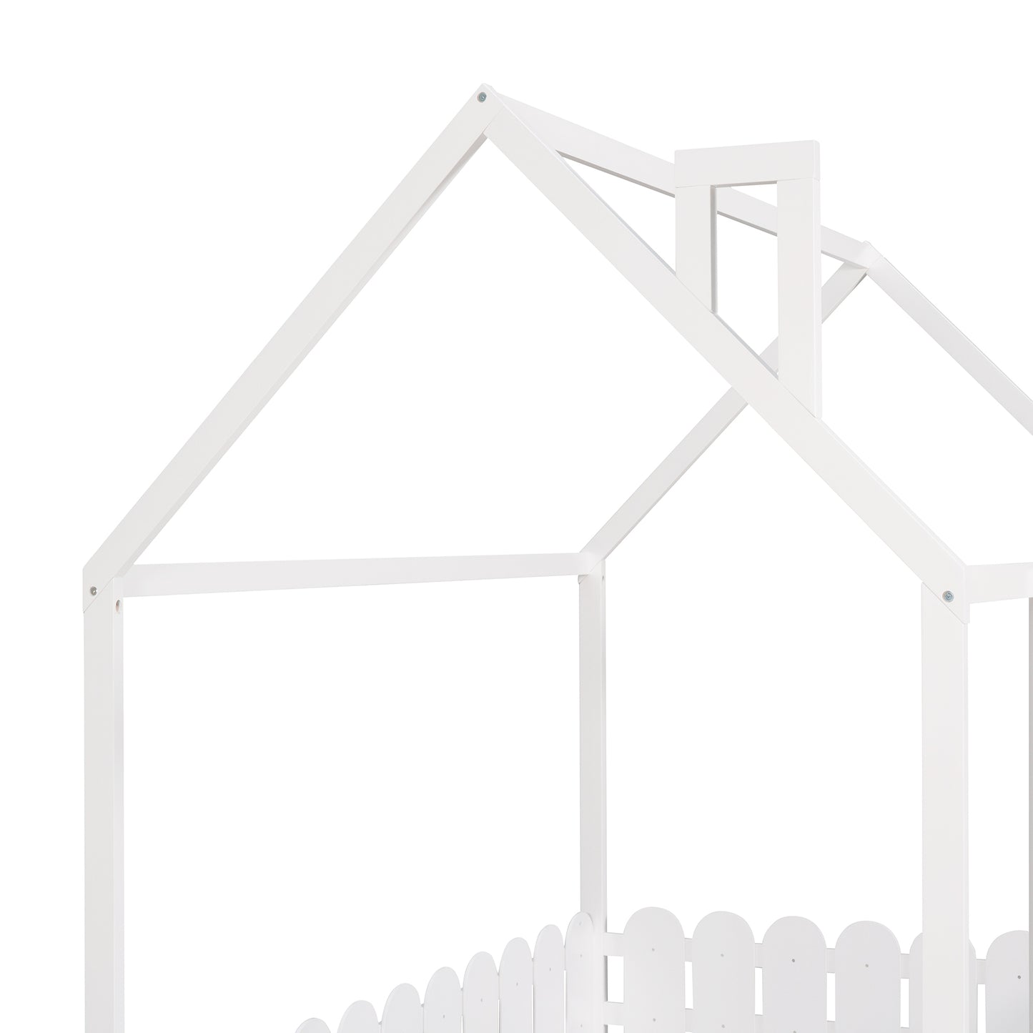 Full Size Wooden House Bed Frame with Fence for Kids and Teens - White (Slats Not Included)