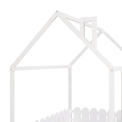 Full Size Wooden House Bed Frame with Fence for Kids and Teens - White (Slats Not Included)