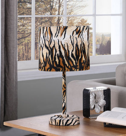 19.25-Inch Metal Table Lamp with Faux Suede Drum Shade, E26 Socket, 60W Max, LED Compatible, Tiger Print