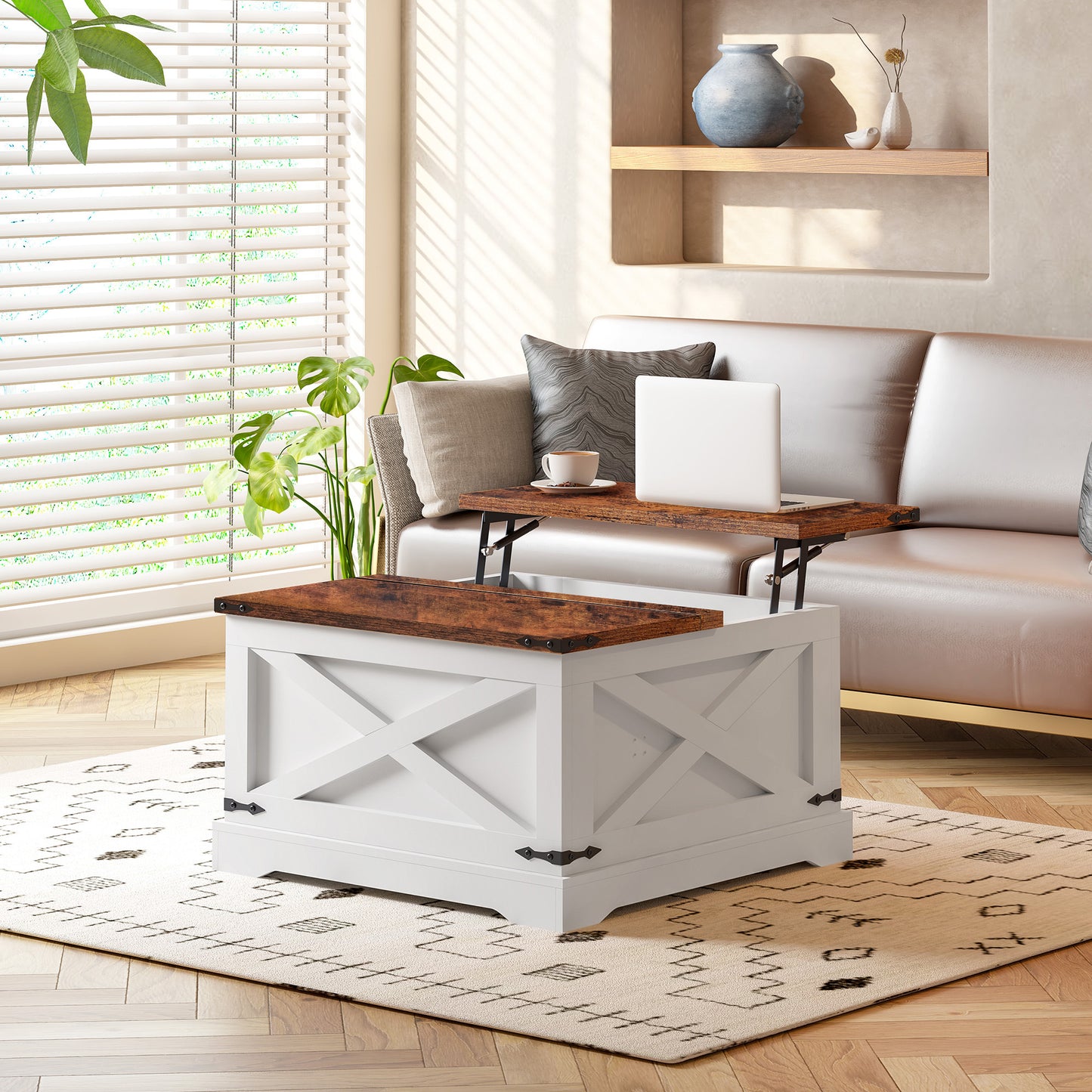 Lift-Top Coffee Table with Hidden Storage and USB Ports — 31.5-Inch Square Wood Center Table Vintage White