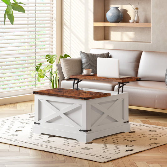 Lift-Top Coffee Table with Hidden Storage and USB Ports — 31.5-Inch Square Wood Center Table Vintage White