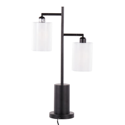 Contemporary Two-Light Table Lamp with Adjustable Heads, White Drum Shades, 2 LED Bulbs, Indoor, Black