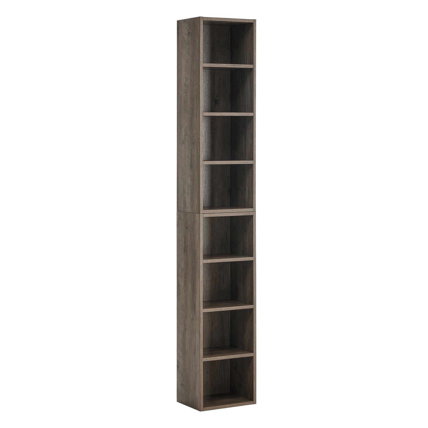 Slim 8-Tier Media Storage Tower with Adjustable Shelves, Tall Narrow Bookshelf for Home Office Use, Versatile Double-Decker Bookcase