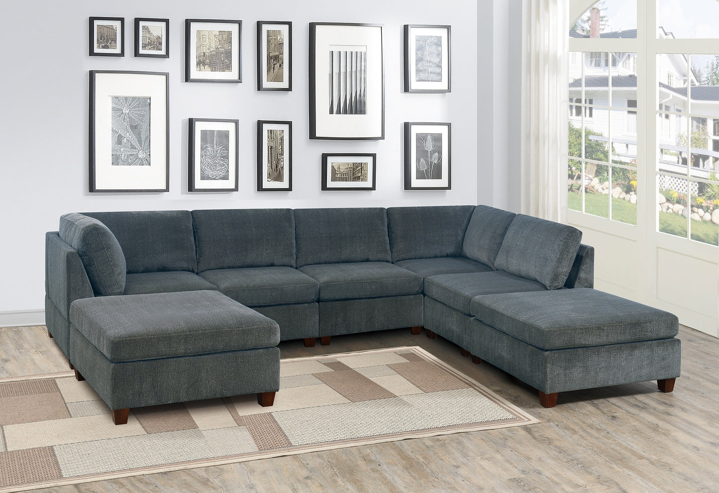 7-Pc Modular U-Shape Chenille Sectional, 2 Corner Sofas, 3 Armless Chairs, 2 Ottomans - Gray