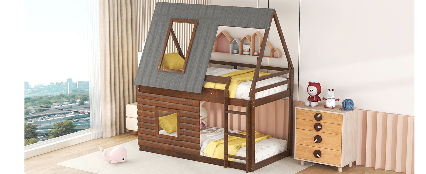 Charming Oak & Smoky Grey Twin Size House Bunk Bed with Roof, Ladder, and Two Windows