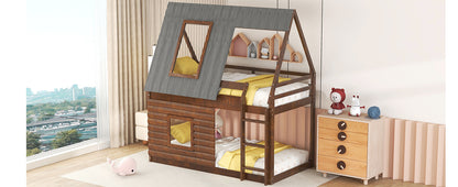 Charming Oak & Smoky Grey Twin Size House Bunk Bed with Roof, Ladder, and Two Windows