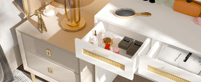 Makeup Vanity with Lights, Open Mirror, 4 Drawers & 1 Cabinet, Rattan Vanity Table for Bedroom - 3 Colors