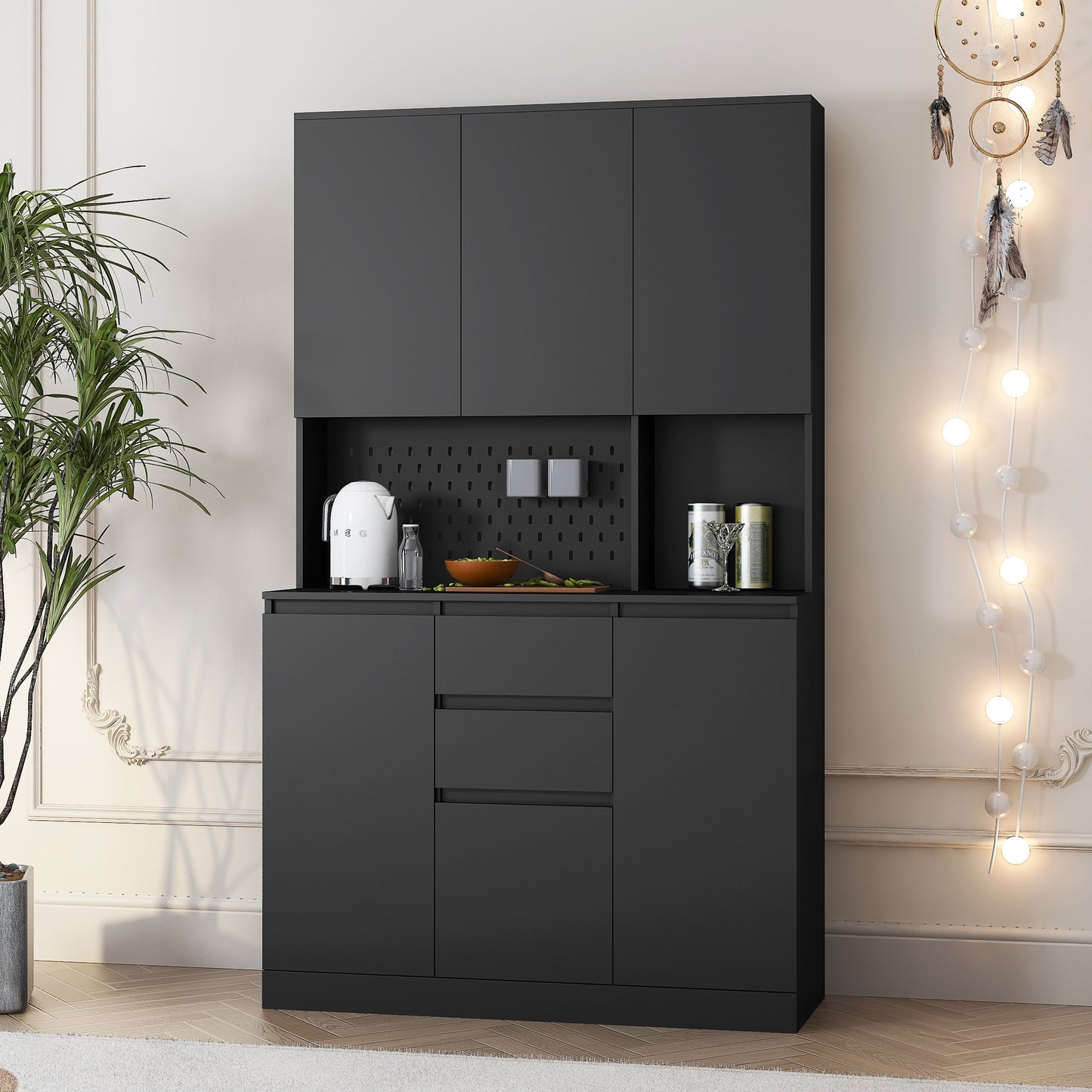 Elegant 74" Black Kitchen Pantry Cabinet with Versatile Storage Solutions, 6 Doors, 3 Shelves & 2 Drawers, Perfect for Kitchen, Laundry, or Craft Room