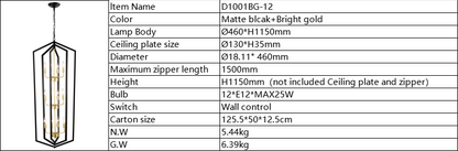 12-Light Lantern Farmhouse Pendant for Kitchen Island, Adjustable Height, E12 Socket – Matte Black