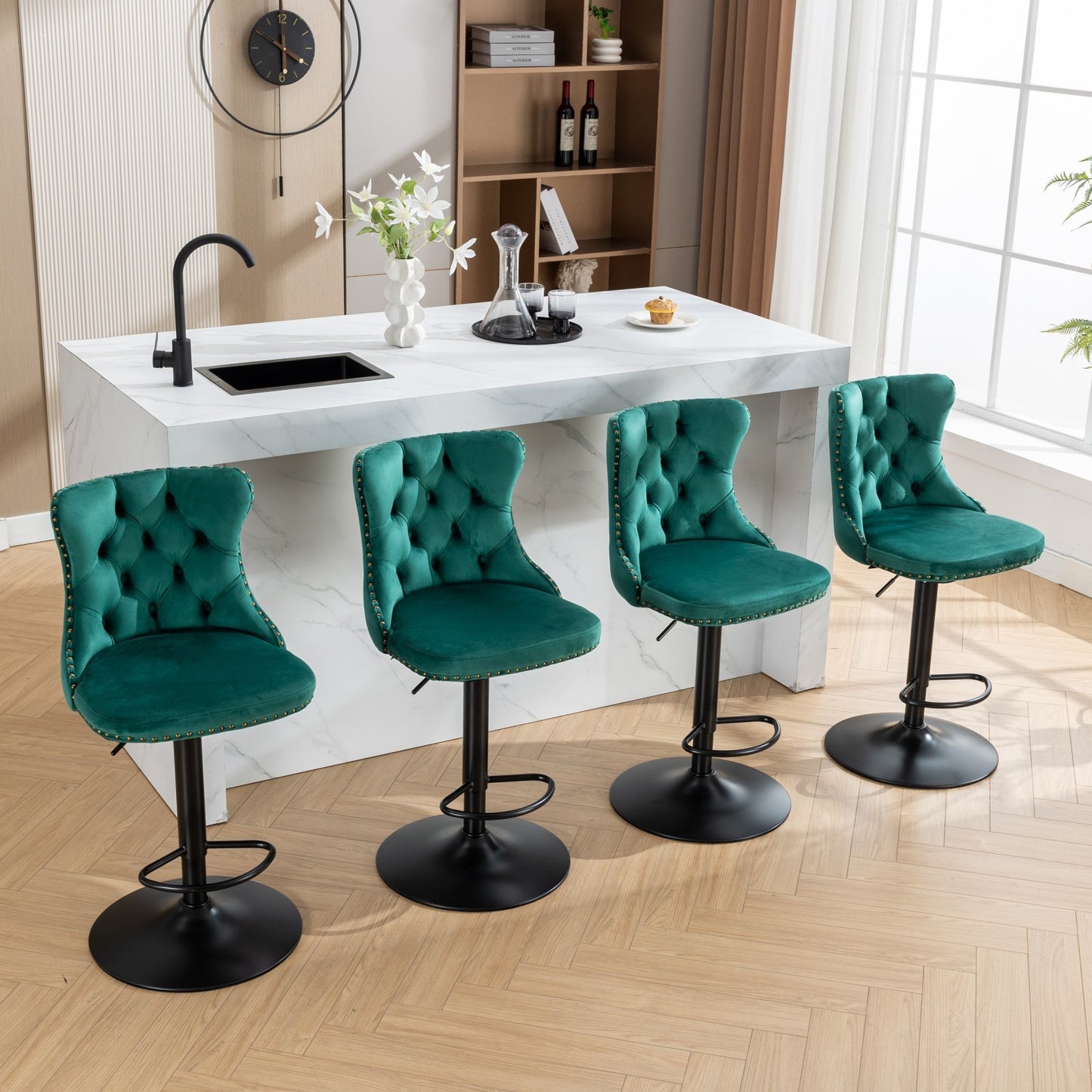 Set of 2 Adjustable Swivel Bar Stools with Tufted Velvet Upholstery and Foam Seat for Kitchen, Green