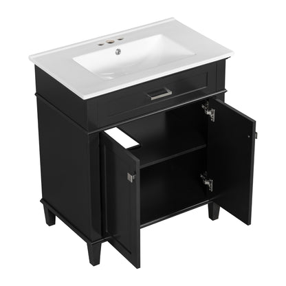 30-Inch Black Bathroom Vanity with Ceramic Sink, Soft-Close Doors, and Adjustable Storage Shelves