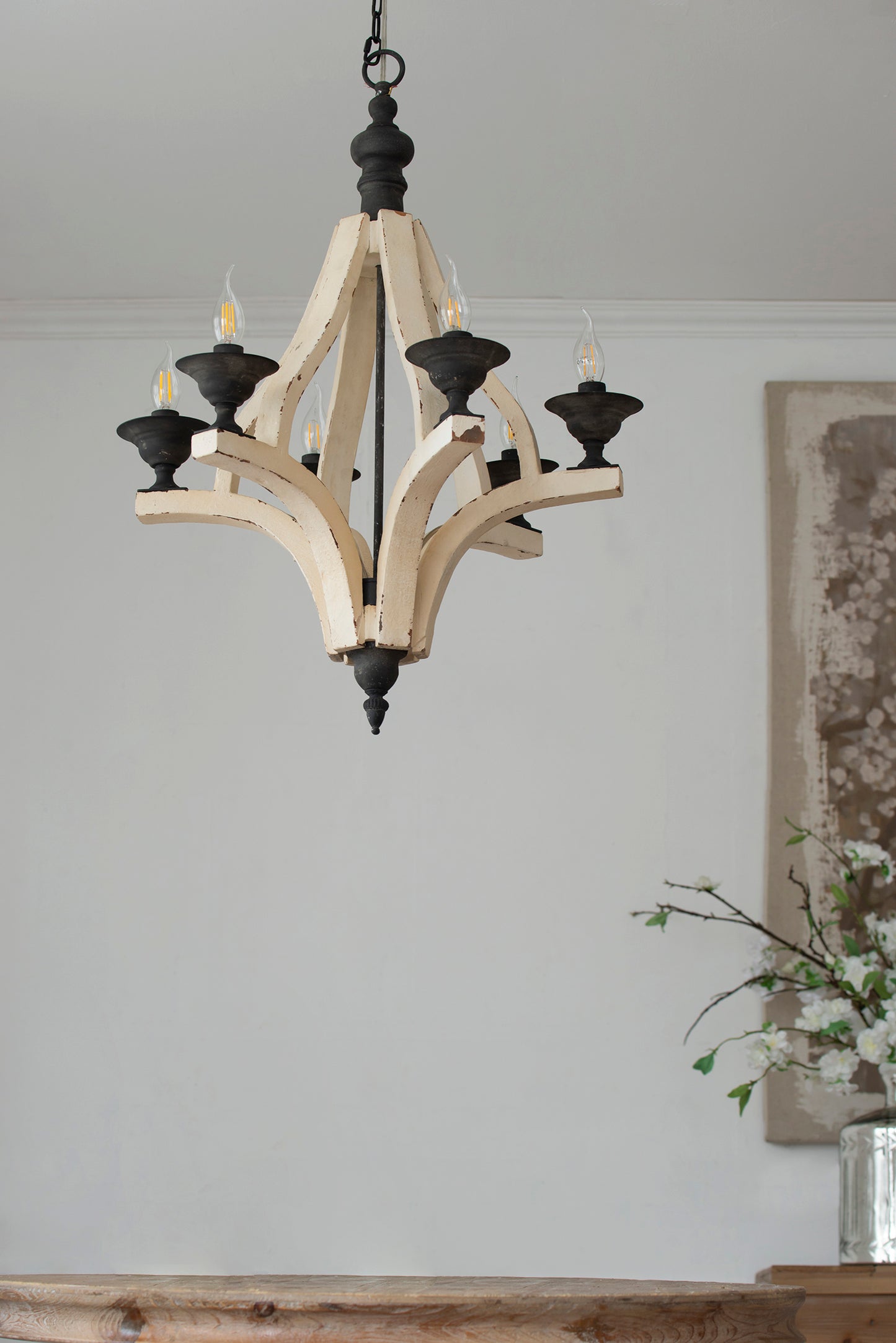 6-Light Wood Chandelier with Adjustable Chain for Kitchen/Dining/Foyer, 60W Bulbs Not Included Cream