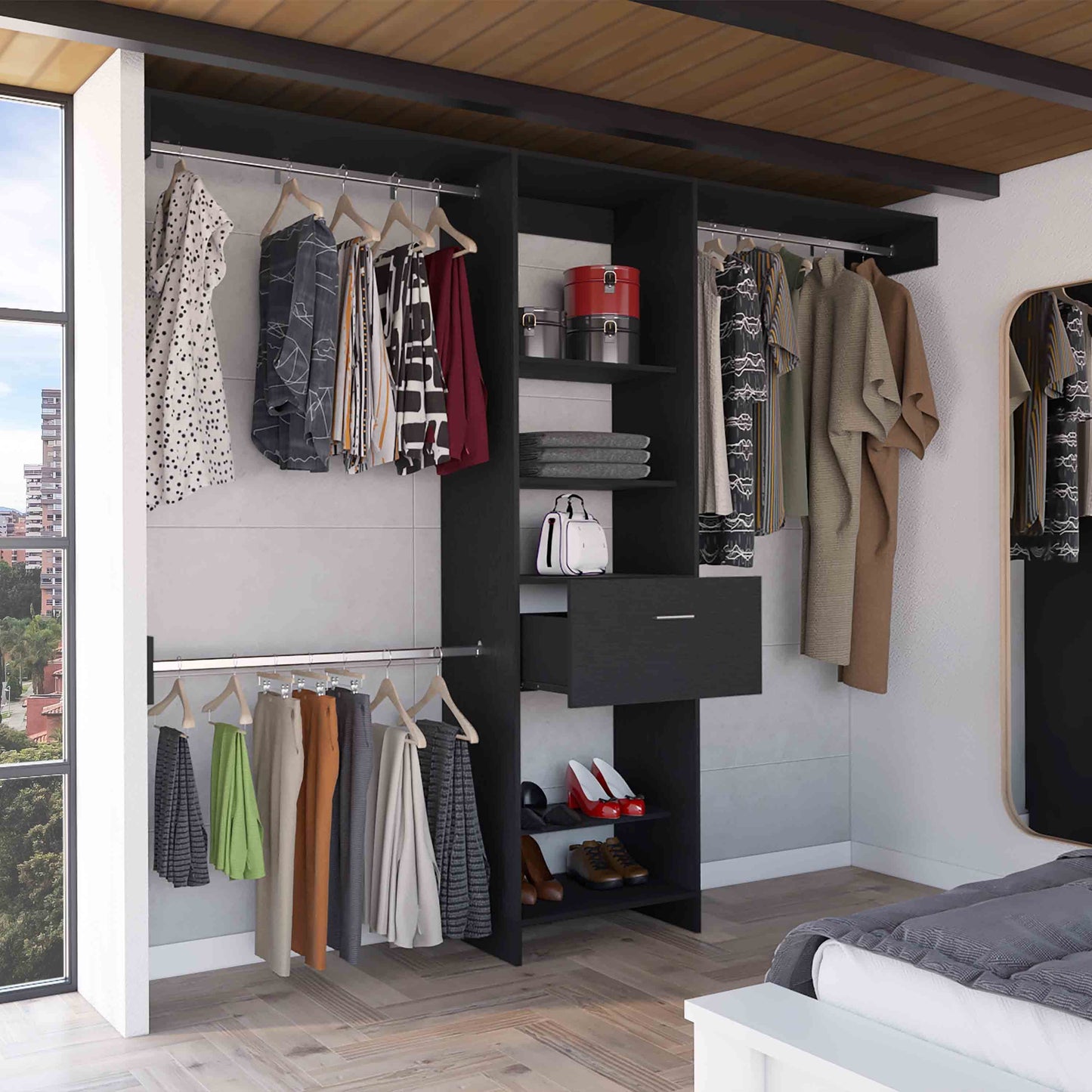 Manchester 250 Modern Closet Organizer with Five Shelves, One Drawer, and Three Metal Hanging Rods - Black