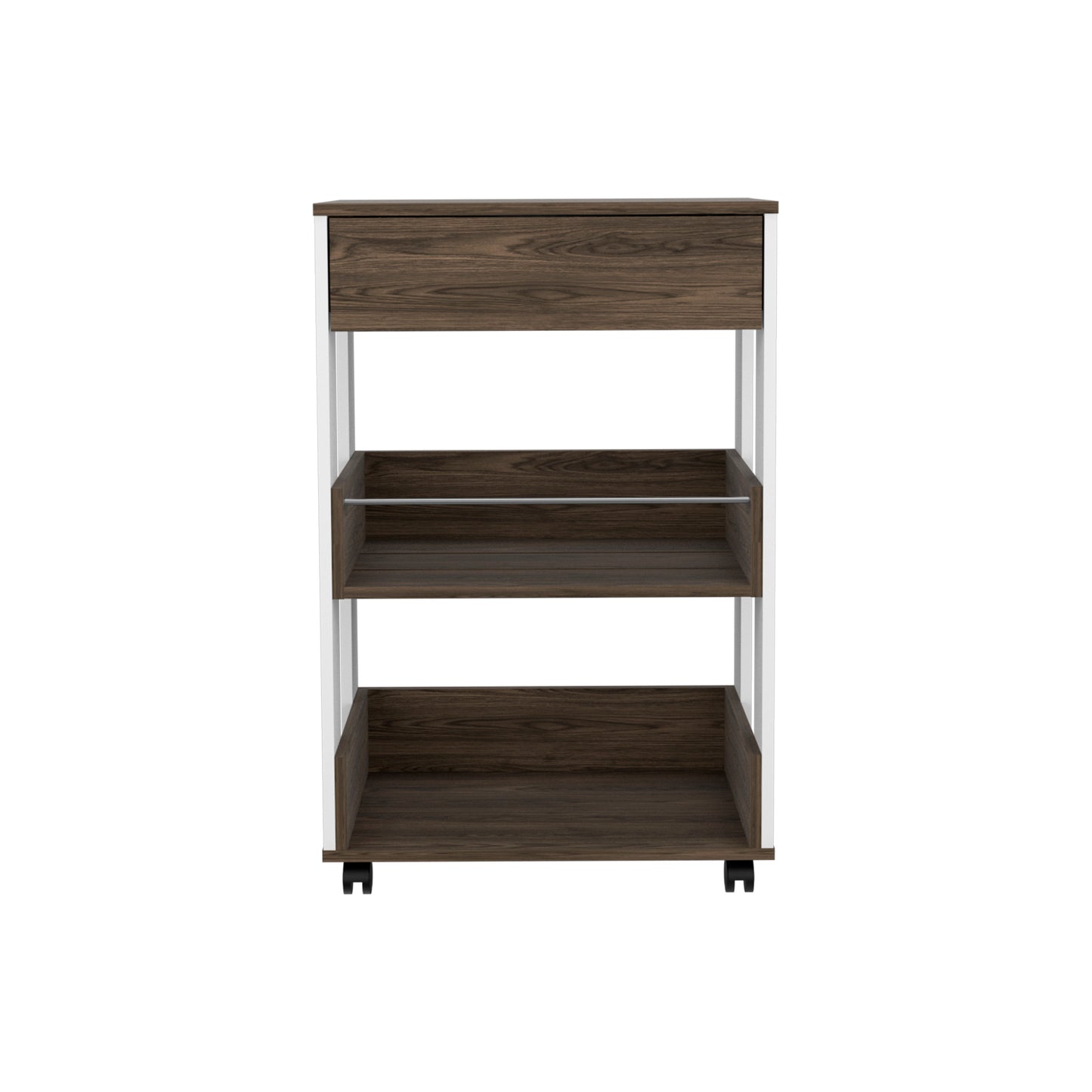 White and Dark Walnut Kitchen Cart on Wheels with Drawer