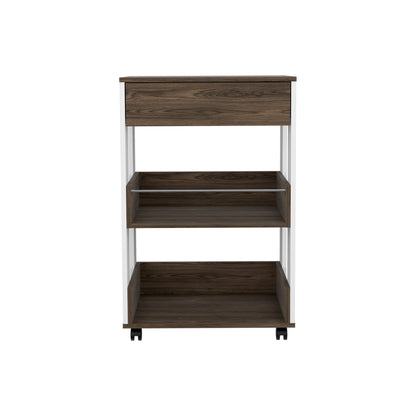 White and Dark Walnut Kitchen Cart on Wheels with Drawer