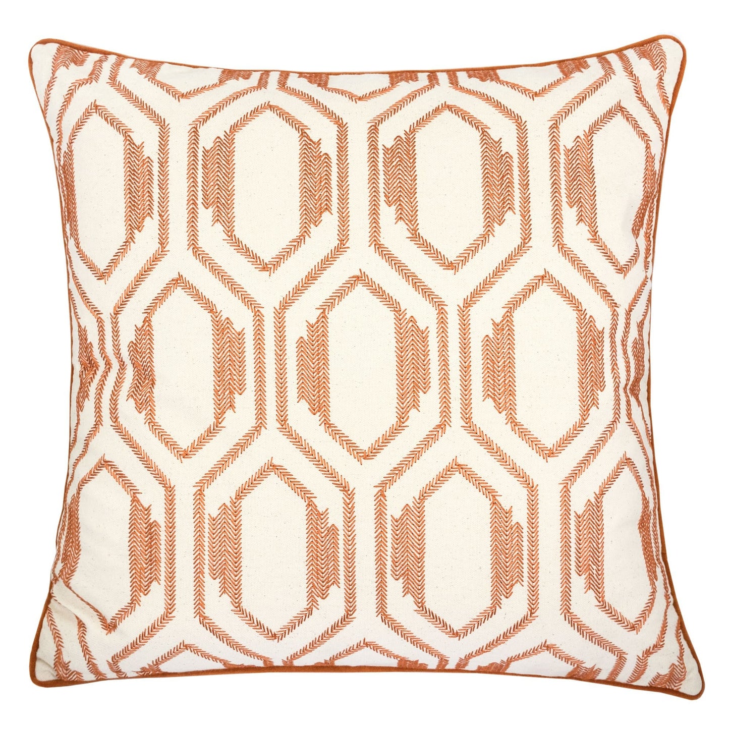 Geometric Embroidered Cotton Throw Pillow, 20x20 Inch, Herringbone Texture, Modern Living Room – Rust