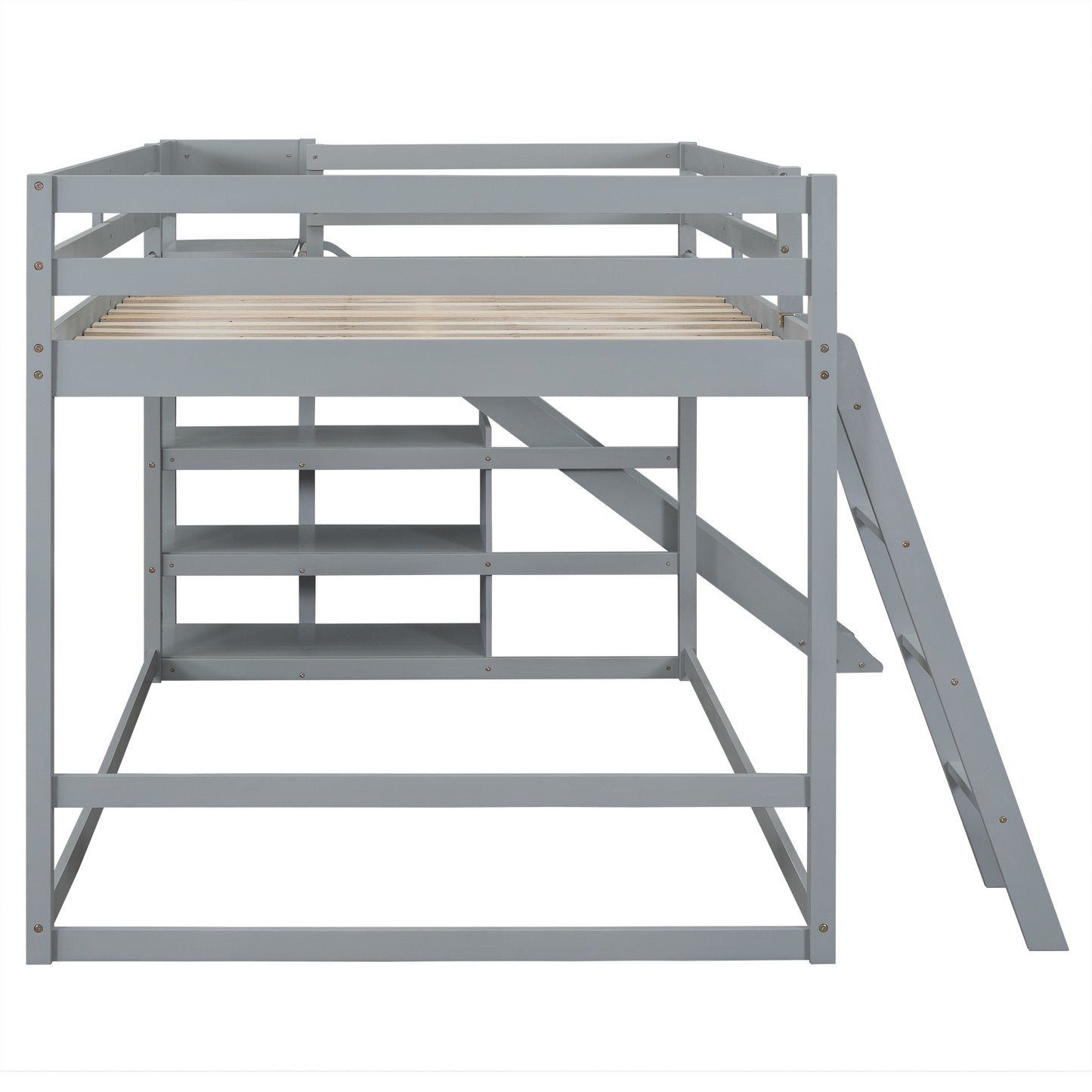Gray Full Over Full Bunk Bed with Slide, Ladder, and Storage Shelves