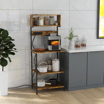 Rustic Brown Kitchen Bakers Rack with Power Outlet, USB Charging, Adjustable Shelves, and Coffee Bar Functionality