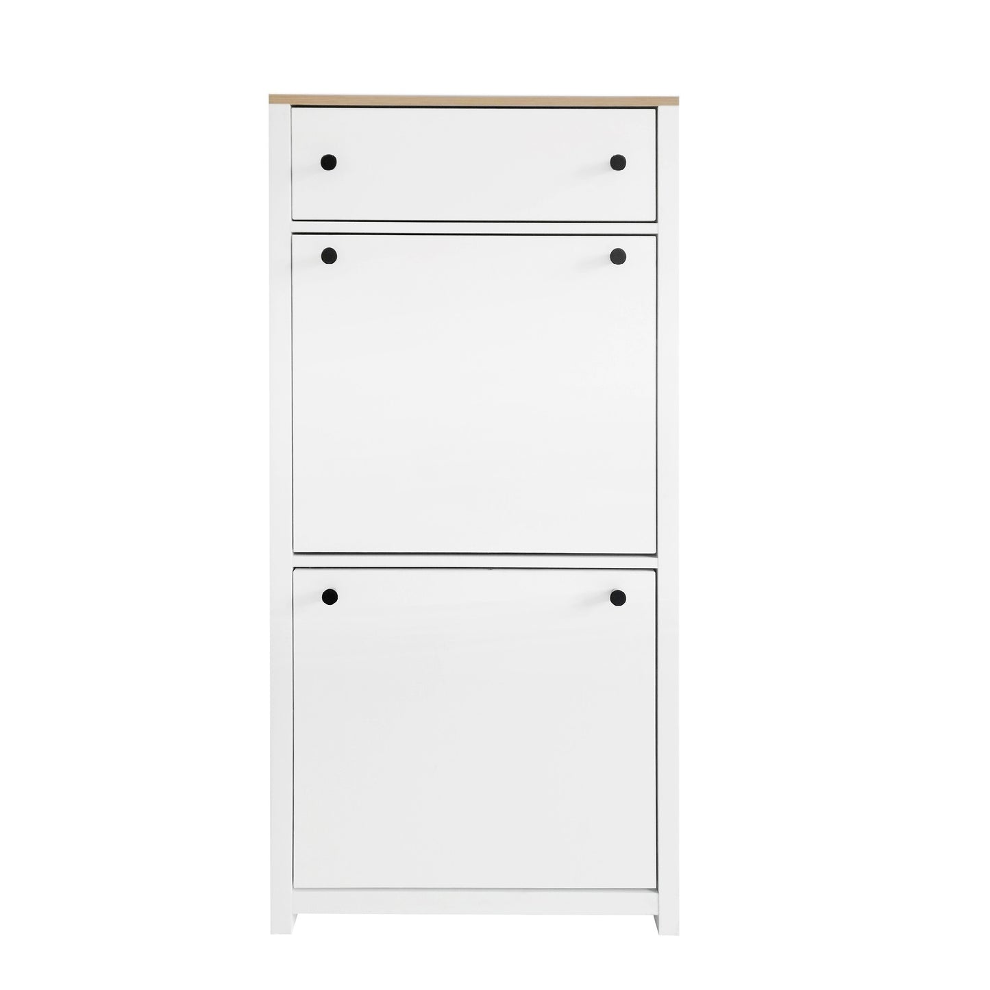 Contemporary White Shoe Cabinet with Wood Grain Top, Adjustable Drawer Organizer and 2 Flip Storage Sections for Entryway