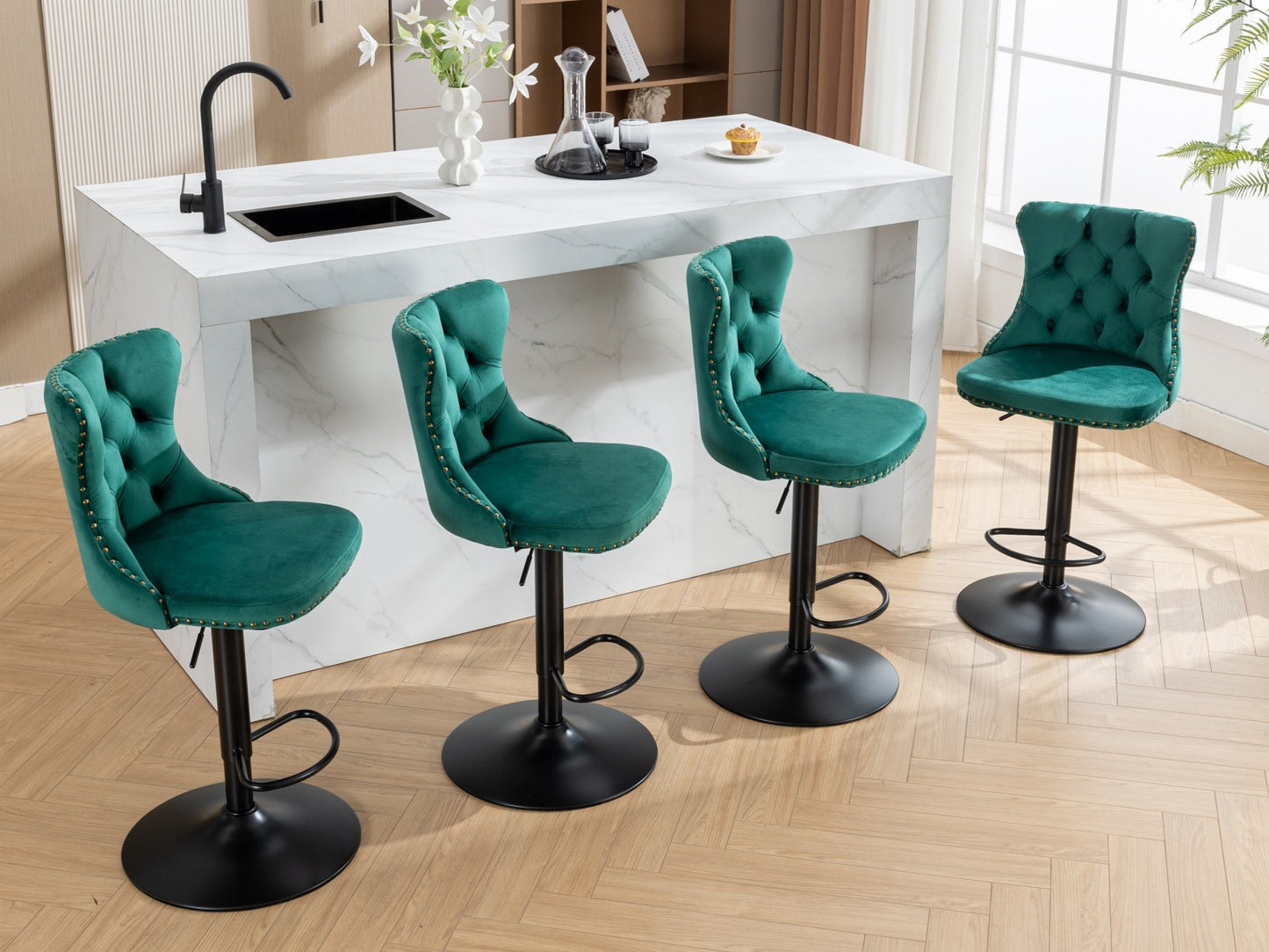 Set of 2 Adjustable Swivel Bar Stools with Tufted Velvet Upholstery and Foam Seat for Kitchen, Green