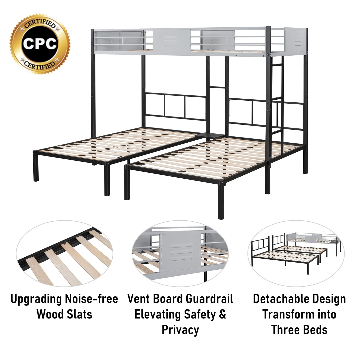 Space-Saving Triple Bunk Bed with Safety Guardrails and Versatile Design