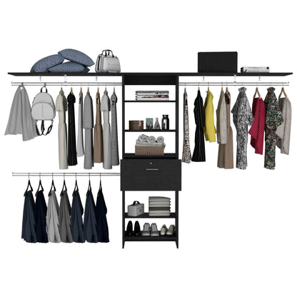 Plego Adjustable Black Closet System with Drawers, Hanging Rods, and Shelves - 70"W to 118"W