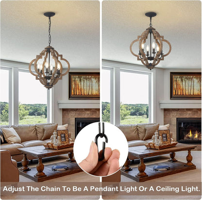 6-Light Farmhouse Chandelier for Dining Room & Kitchen - Rustic Wood and Metal Boho Pendant Light, Black