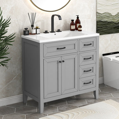 36-Inch Grey Bathroom Vanity Set with Ceramic Sink and Storage Drawers
