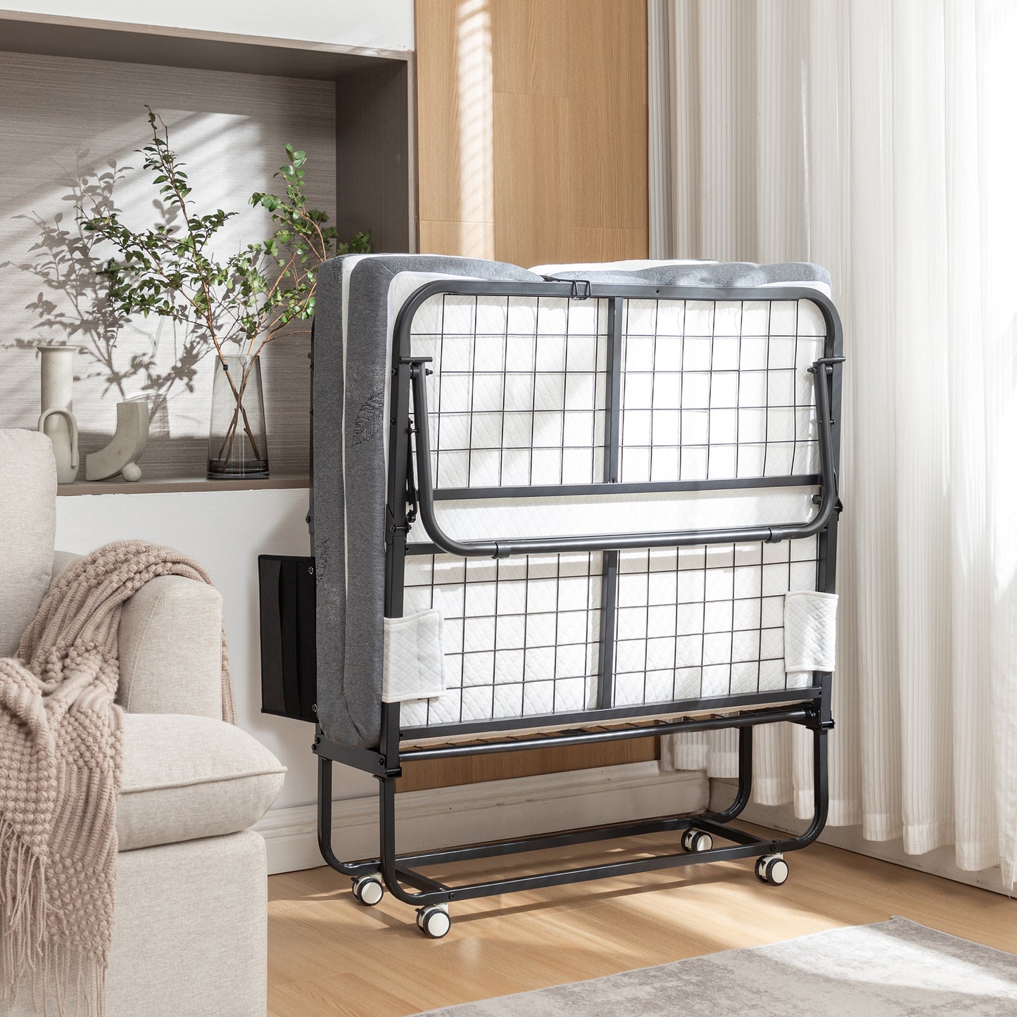 Folding Bed with Mattress, SPortable Foldable Bed with Storage Cover, SRollaway Bed for Adults with Memory Foam Mattress and Metal Frame, SCot Size Guest Bed on Wheels, Twin Bed