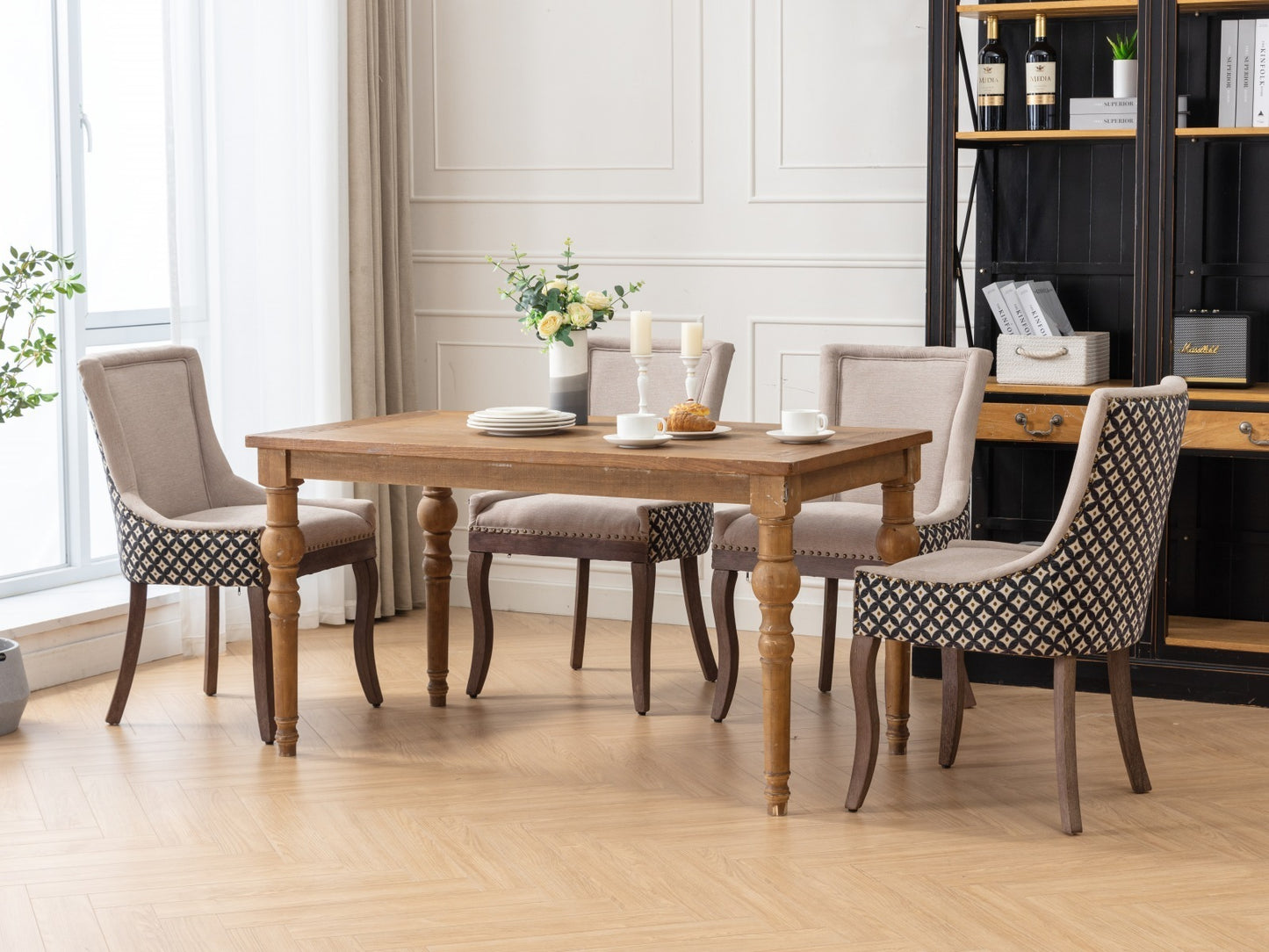 A&A Furniture, Ultra Side Dining Chair, Thickened fabric chairs with neutrally toned solid wood legs, Bronze nail head, Set of 2, Beige and Patterned,SW2207BG