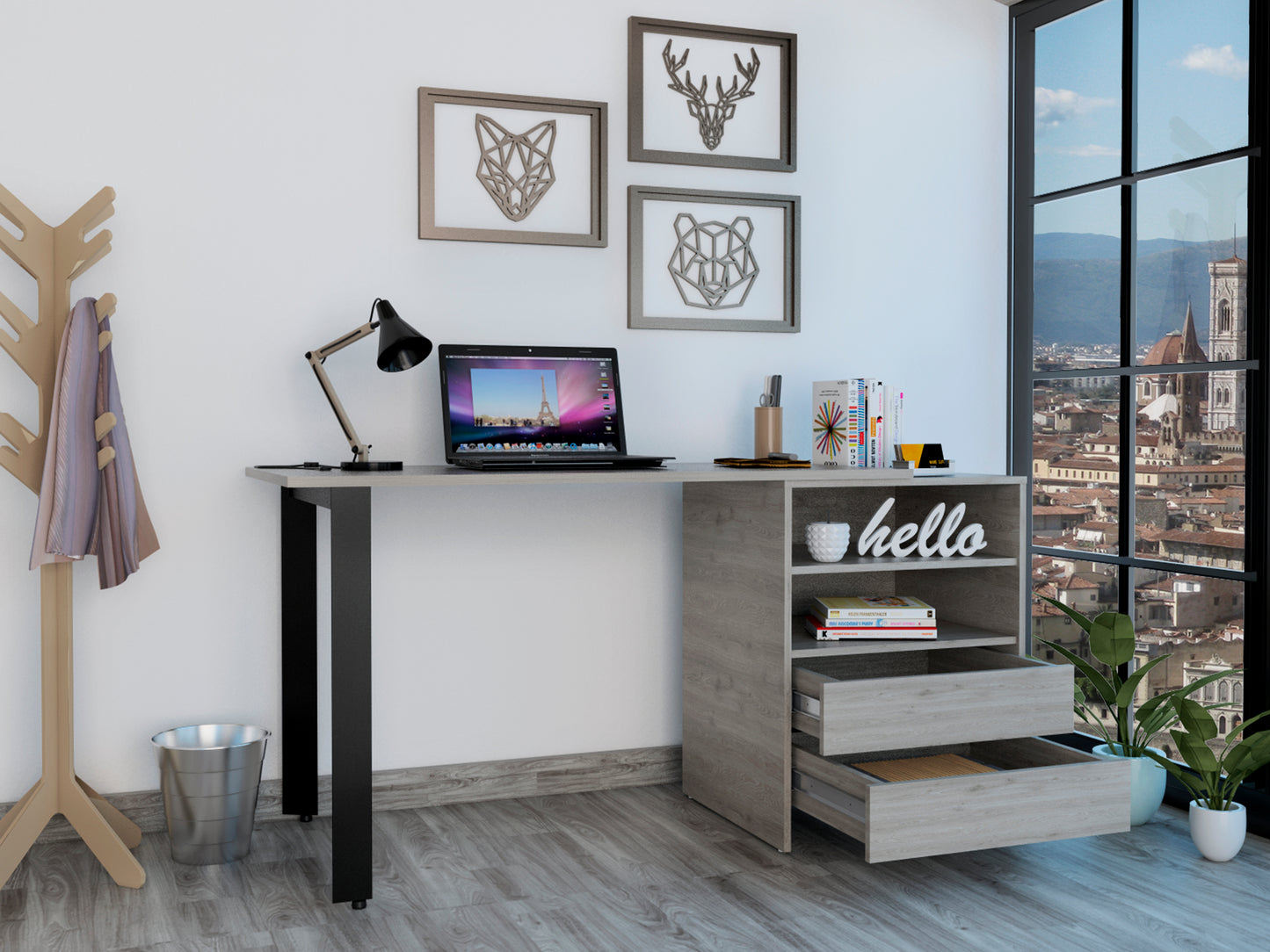 Modern Light Gray 2-Drawer Writing Desk with 2 Shelves