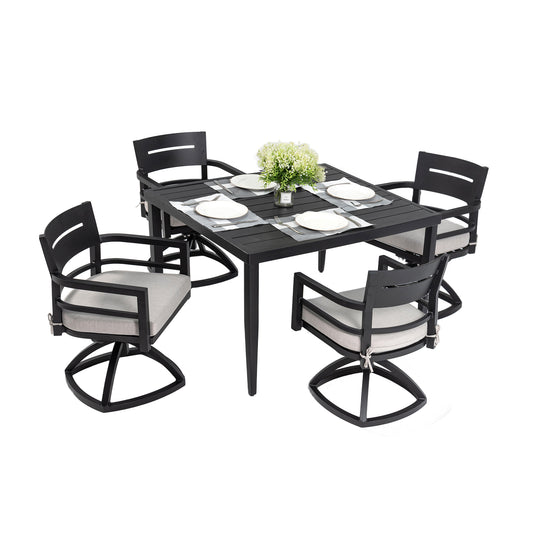 Outdoor Dining Set for 4 with Swivel Rockers, Sunbrella Cushions, 40-Inch Table, Aluminum Ember Black