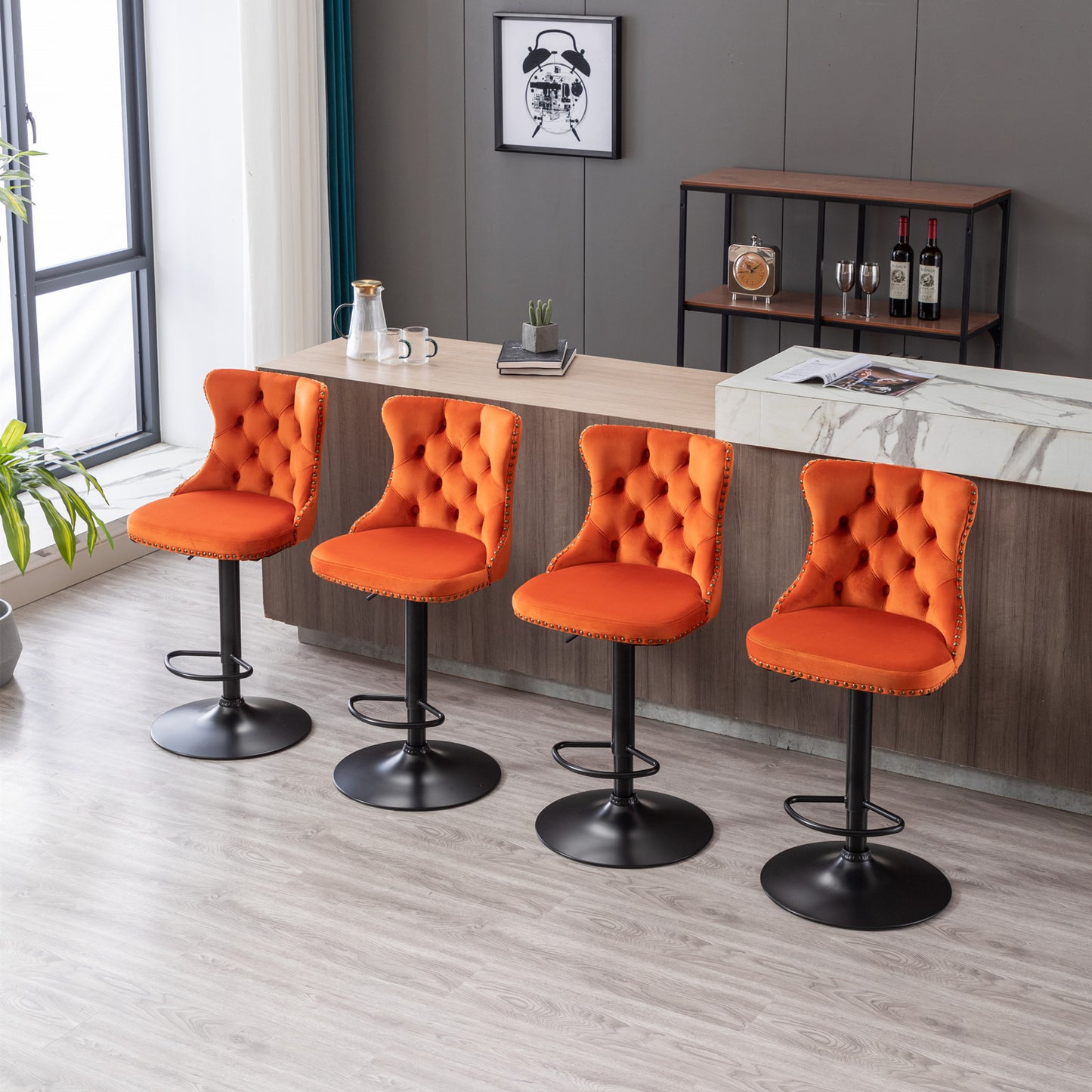Orange Velvet Swivel Bar Stools Two Pack Adjustable 25 33