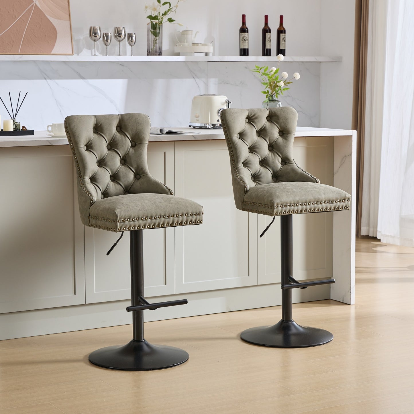 Aged Retro PU Swivel Bar Stools Adjustable Olive Green 2 Pack