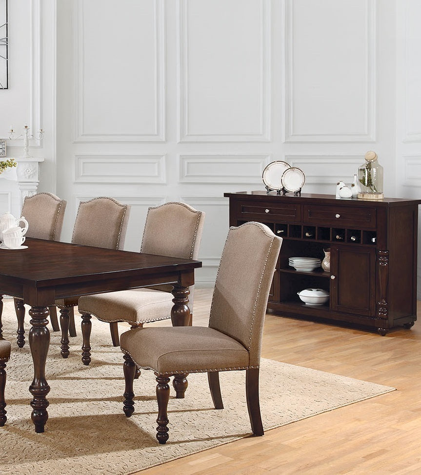 Set of 2 Contemporary Transitional Chairs, Padded Fabric, Solid Wood, Turned Legs, Beige + Antique Cherry