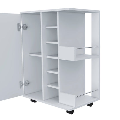 Stylish 32 Inch White Bar Coffee Cart With Storage Cabinet