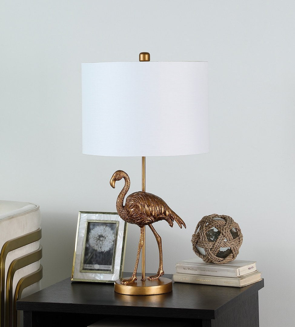 26-Inch Flamingo Resin Table Lamp with Drum Shade, E26 Socket, 100W Max, UL Listed Matte Gold