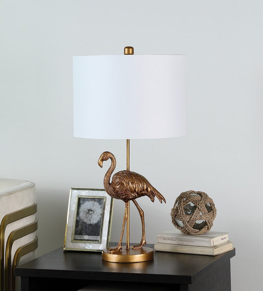 26-Inch Flamingo Resin Table Lamp with Drum Shade, E26 Socket, 100W Max, UL Listed Matte Gold