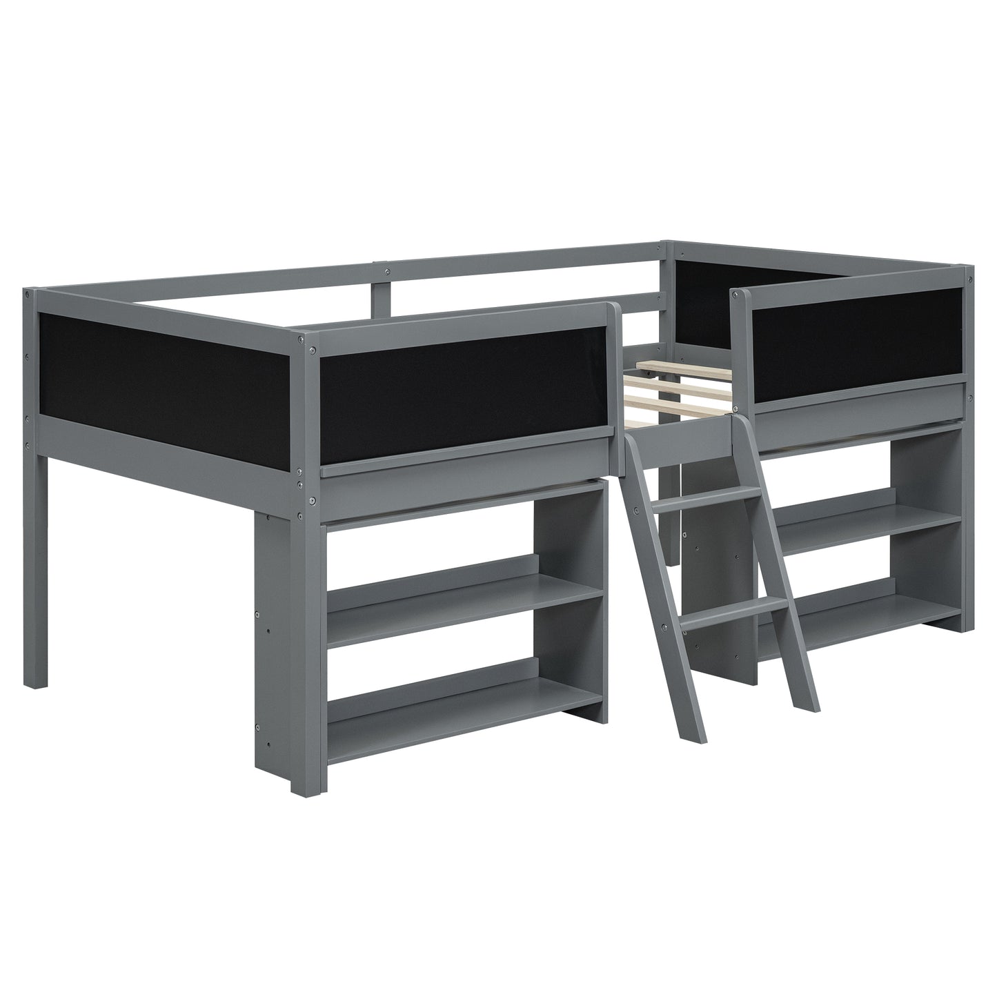 Twin Size Low Loft Bed with Creative Chalkboard Guardrails and Adjustable Storage Shelves, Gray