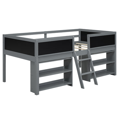 Twin Size Low Loft Bed with Creative Chalkboard Guardrails and Adjustable Storage Shelves, Gray