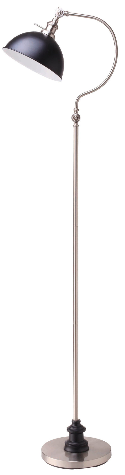 Arched Floor Lamp, Adjustable Head, Weighted Base, Black Shade, LED Compatible, 69-Inch Tall Satin Nickel