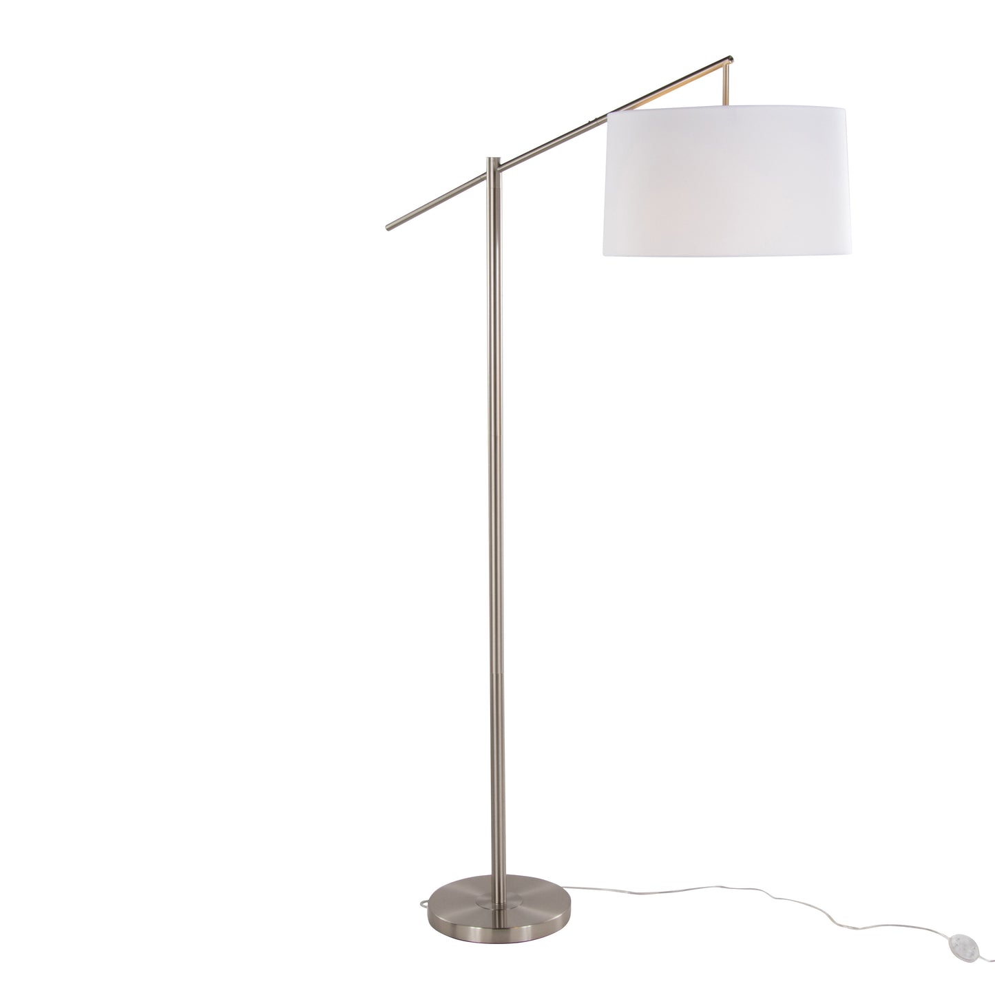 69-Inch Contemporary Metal Floor Lamp with Angled Arm, Off-White Linen Drum Shade, 60W, Brushed Nickel