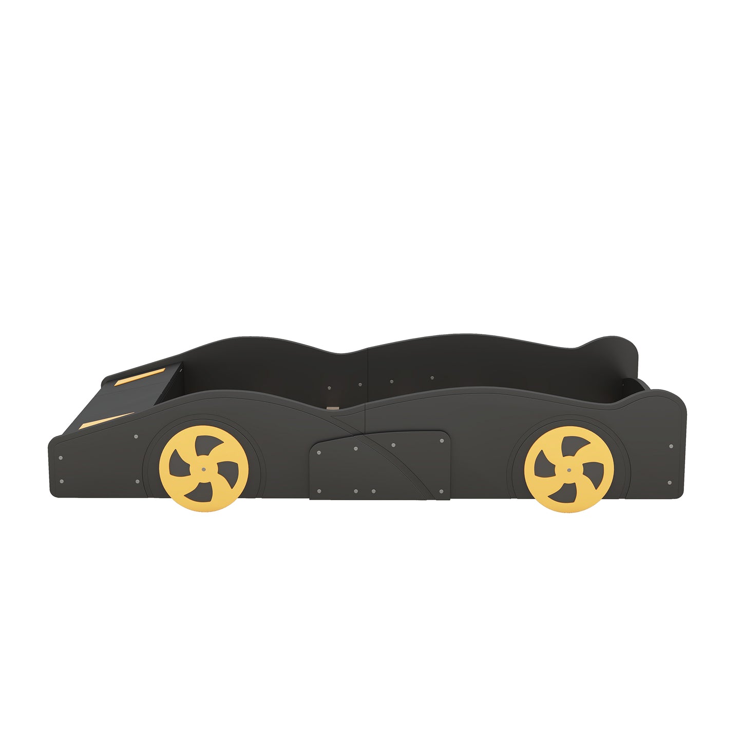 Twin Size Race Car Platform Bed with Storage and Wheels in Black and Yellow