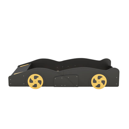 Twin Size Race Car Platform Bed with Storage and Wheels in Black and Yellow
