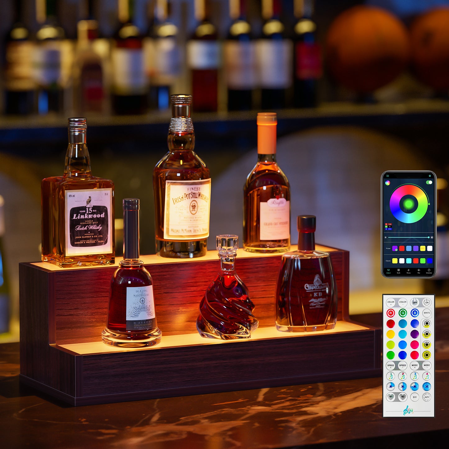 Illuminated Walnut Liquor Bottle Display Shelf With LED