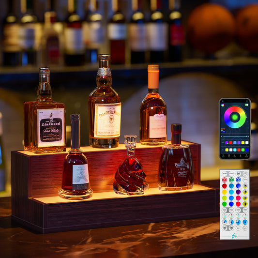 Illuminated Walnut Liquor Bottle Display Shelf With LED