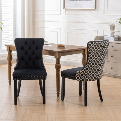 Velvet Dining Chairs Set of 2, Tufted High-Back, Solid Wood Frame, Nailhead Trim, Black & Patterned