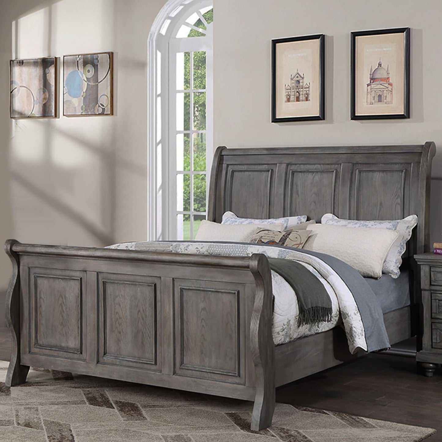 Elegant Antique Gray Oak California King Sleigh Headboard Panel Bed – Stylish Wooden Bedroom Furniture