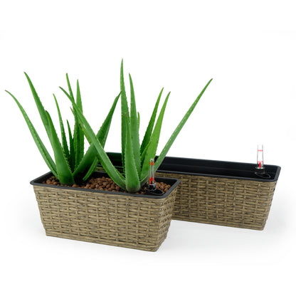 2-Pack Self-Watering Rectangle Planter for Indoor/Outdoor, Hand-Woven Wicker, Small & Medium Brown