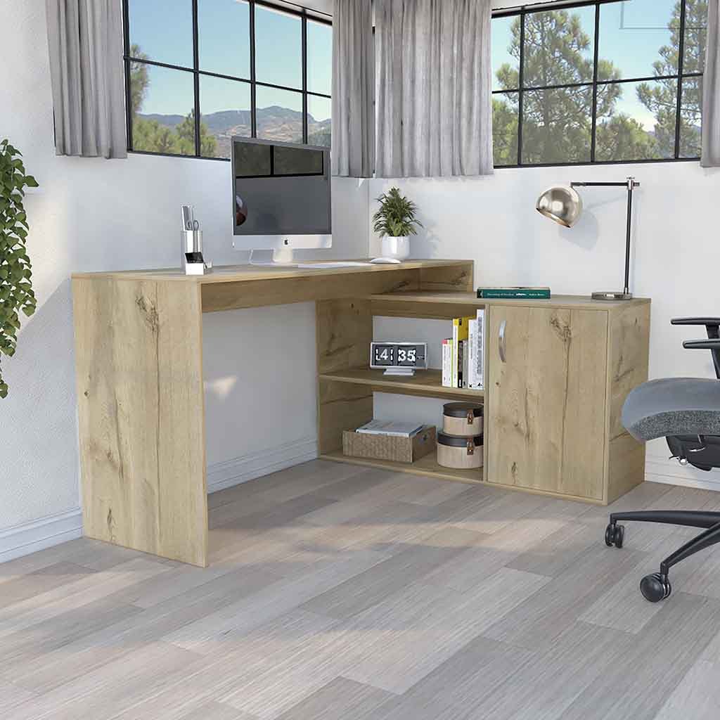 L-Shaped Modern Computer Desk with Versatile Storage - Light Oak Finish